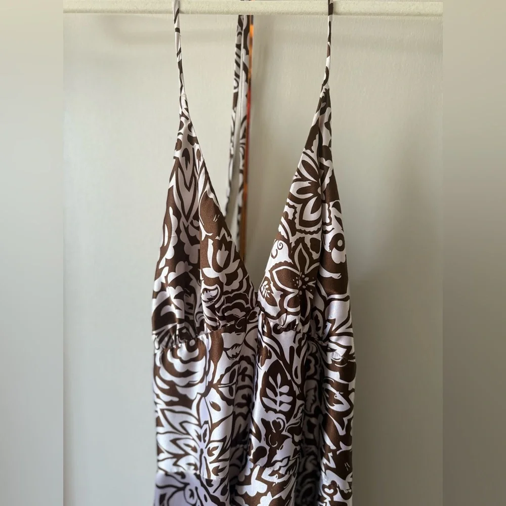 Vintage Y2K 2000s Alyn Paige Brown and White Floral Halter Mini-Midi Dress - Picture 3 of 6